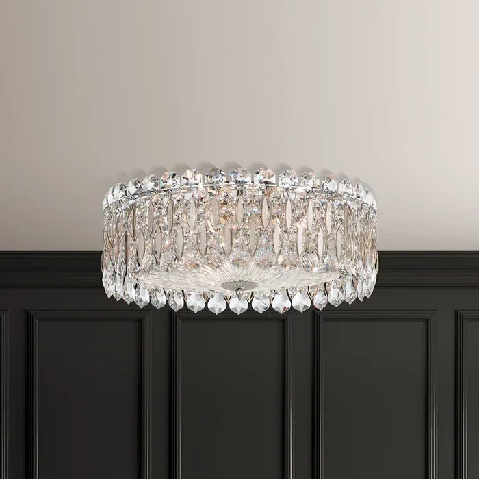 Light Luxury Crystal Beads Drum Collection Flush Mounted/Rectangle/Round Chandelier - Flush Mount/Round/3 Lights/D15.5"*H6.5"/6kgChrome Finish+Stainless Steel LeavesBlushlighting