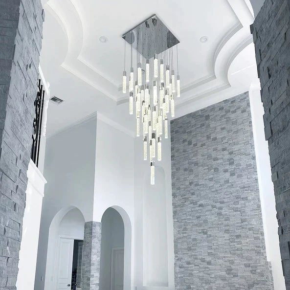 Light Luxury Glacier Bubble Crystsal Chandelier in Gold/Chrome/Black Finish for Staircase/Foyer - Square Canopy/25 Lights/L27.56"*W27.56"*H118.1"ChromeBlushlighting