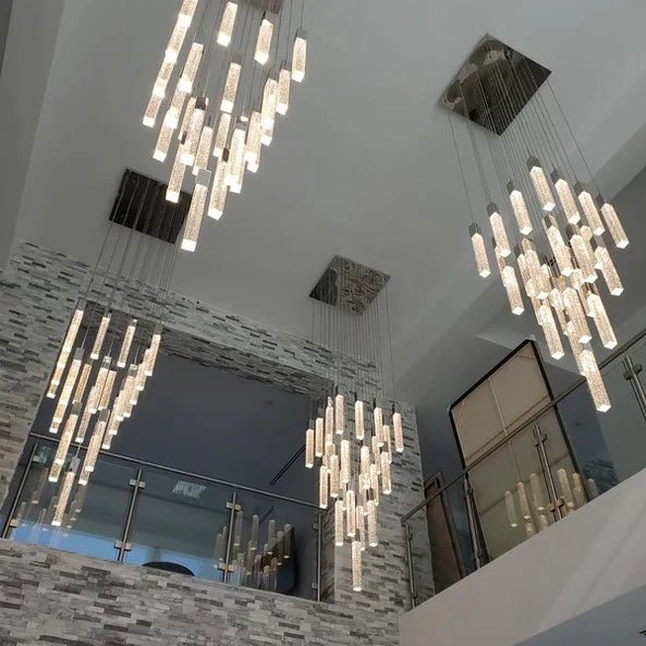 Light Luxury Glacier Bubble Crystsal Chandelier in Gold/Chrome/Black Finish for Staircase/Foyer - Rectangle Canopy/3 Lights/L35.4"*W7.08"*H118.1"ChromeBlushlighting