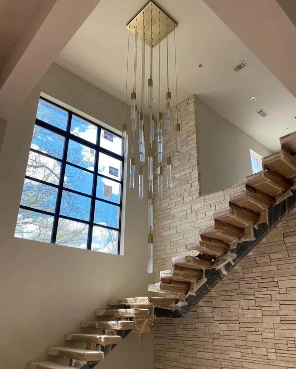 Light Luxury Glacier Bubble Crystsal Chandelier in Gold/Chrome/Black Finish for Staircase/Foyer - Square Canopy/25 Lights/L27.56"*W27.56"*H118.1"GoldBlushlighting
