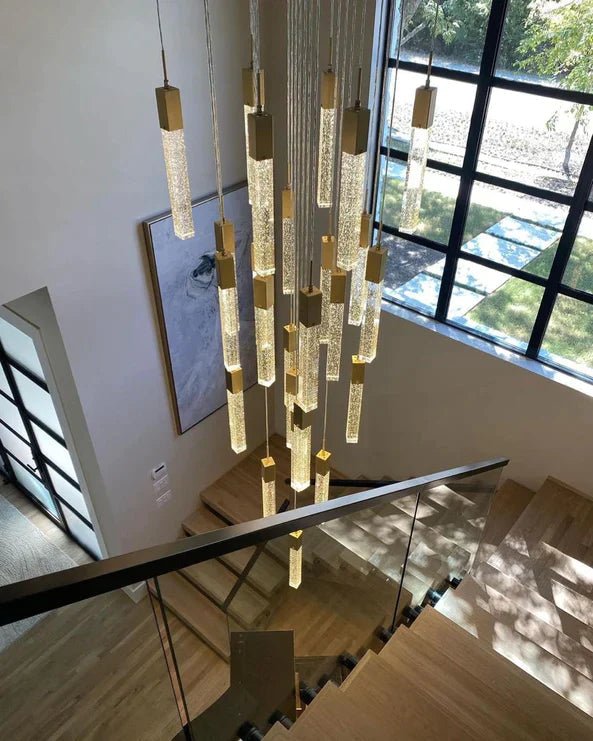 Light Luxury Glacier Bubble Crystsal Chandelier in Gold/Chrome/Black Finish for Staircase/Foyer - Rectangle Canopy/3 Lights/L35.4"*W7.08"*H118.1"GoldBlushlighting