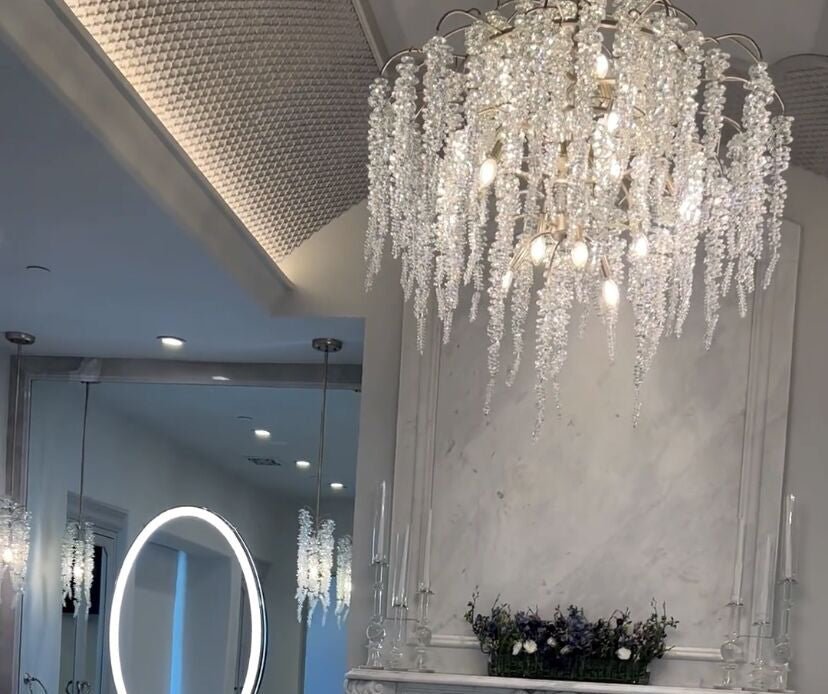 Light Luxury Silver Flower Branch Chandelier with Icicle Details for Bedroom Dining Room and Hallway - 9 Lights/D 23.6"*H 27.8"Warm LightBlushlighting