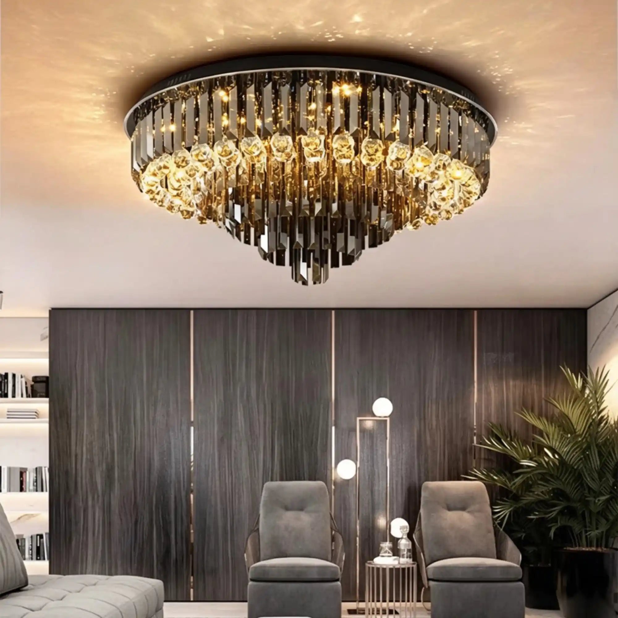 Light Luxury Smoke Gray Round Crystal Flush Mount - D59.28''*H23.8''/107.6kgWarm LightBlushlighting