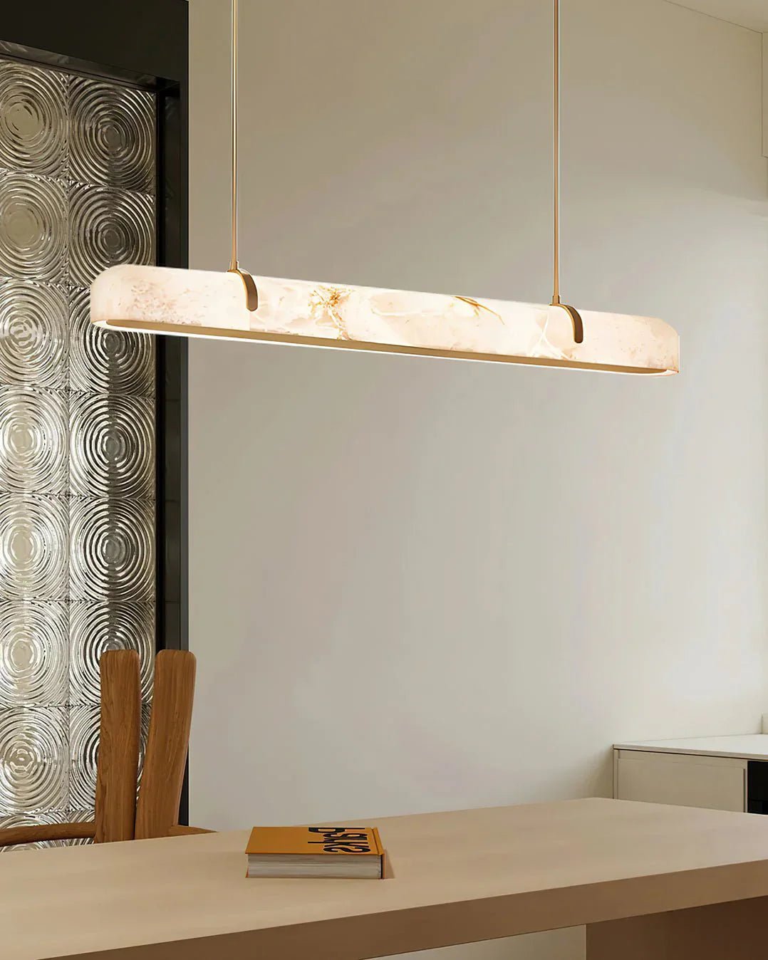 Linear Alabaster Chandelier, Kitchen Island Pendant Light - L 60cm x W 9cm x H 9cm / L 23.6″ x W 3.5″ x H 3.5″Brass & WhiteWarm LightBlushlighting