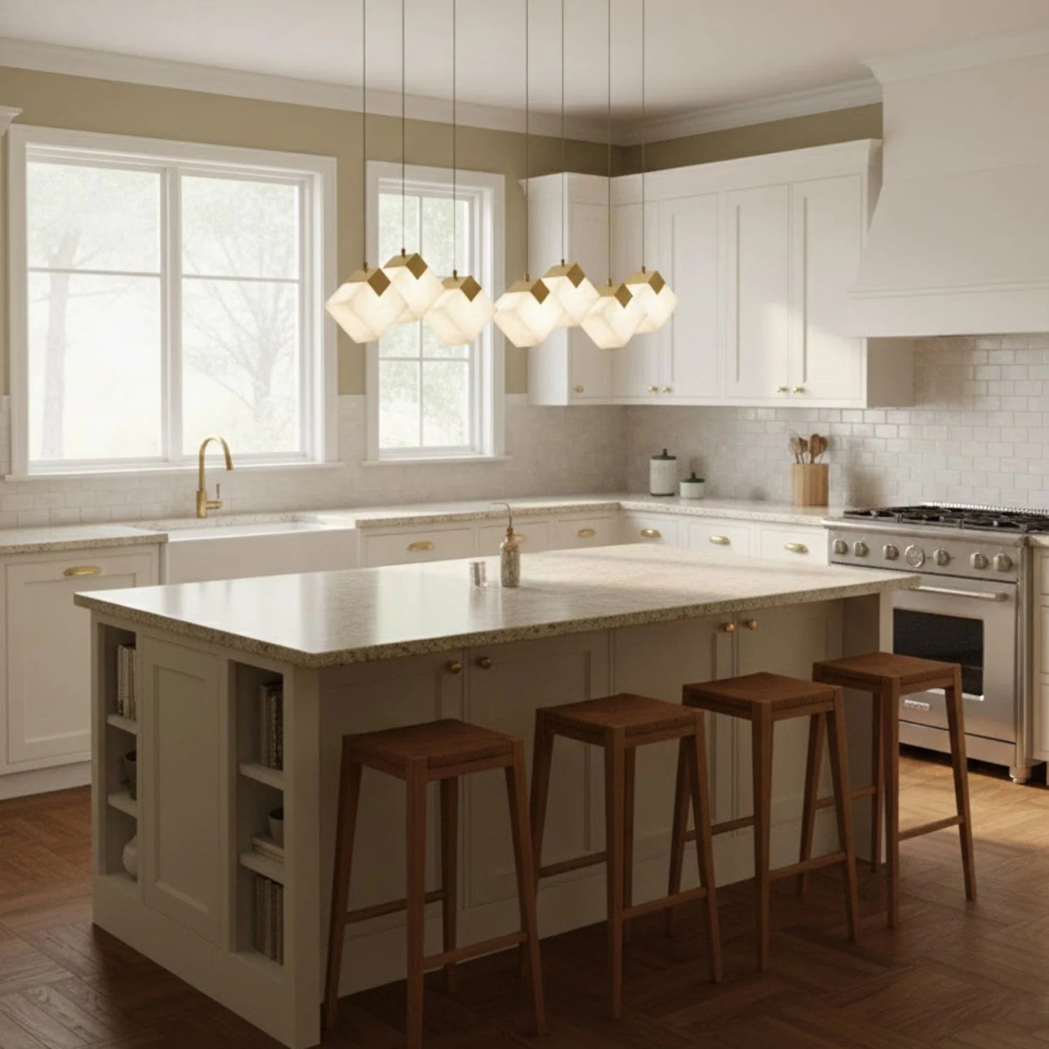 Linear Alabaster Cube Chandelier 6-Light Brass Island Pendant Light - 10-Lights ∅ 47.2" x H 3.9"Gold & WhiteBlushlighting
