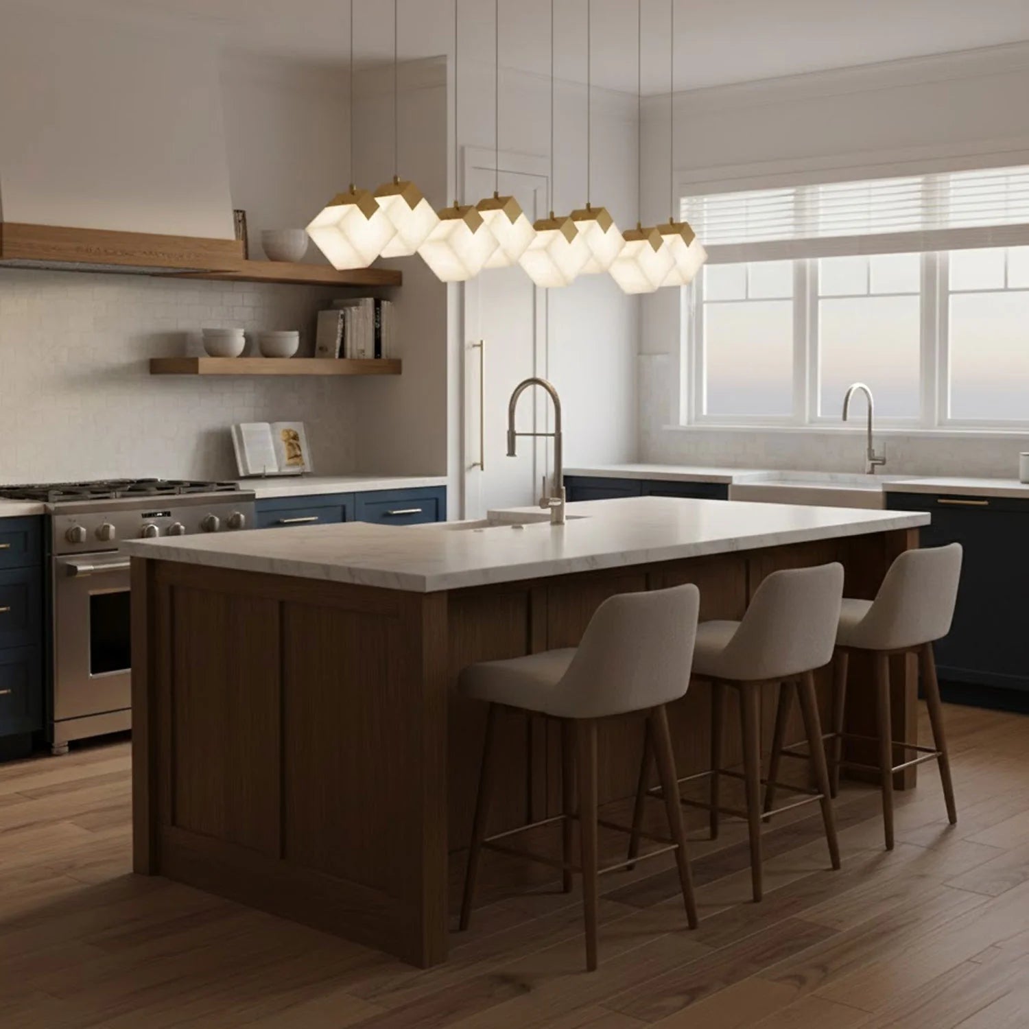 Linear Alabaster Cube Chandelier 6-Light Brass Island Pendant Light - 10-Lights ∅ 47.2" x H 3.9"Gold & WhiteBlushlighting