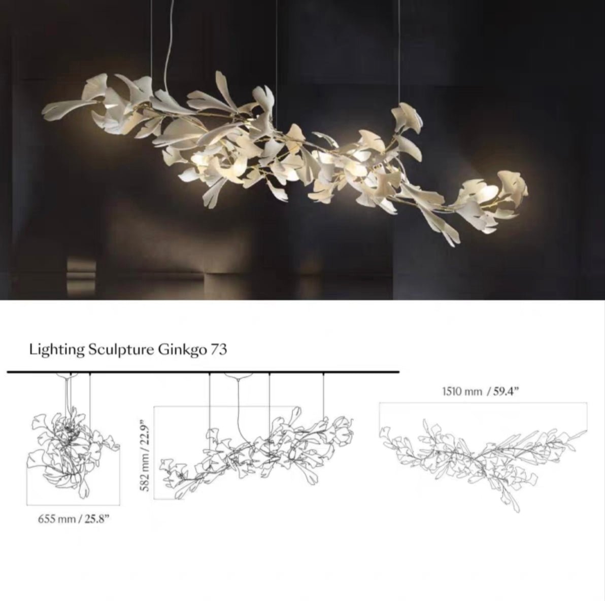 Linear Ginkgo Ceramic Chandelier for Dining Room/Kitchen Island-Chandeliers-Blushlighting-Custom/73 Pieces/L59.4"*W25.8"*H58.2"-Gold-Warm Light-Blushlighting