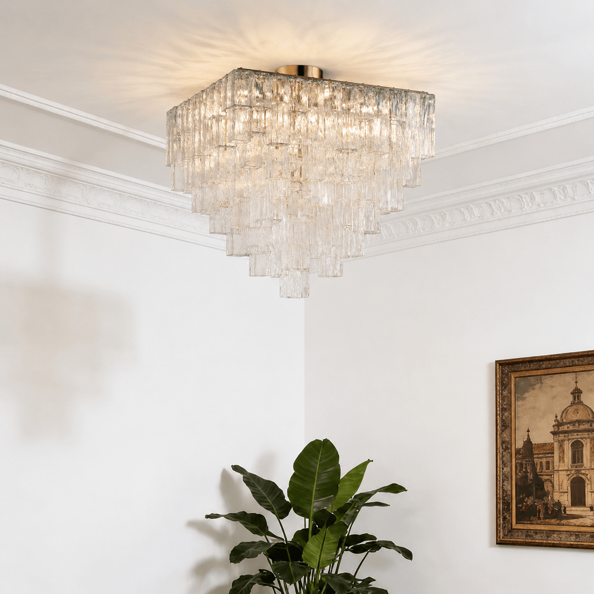 Living Room Flush Mount Chandelier | Art Deco Glass | Crystara - ChromeBlushlighting