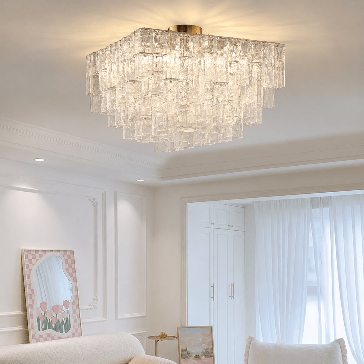 Living Room Flush Mount Chandelier | Art Deco Glass | Crystara - ChromeBlushlighting