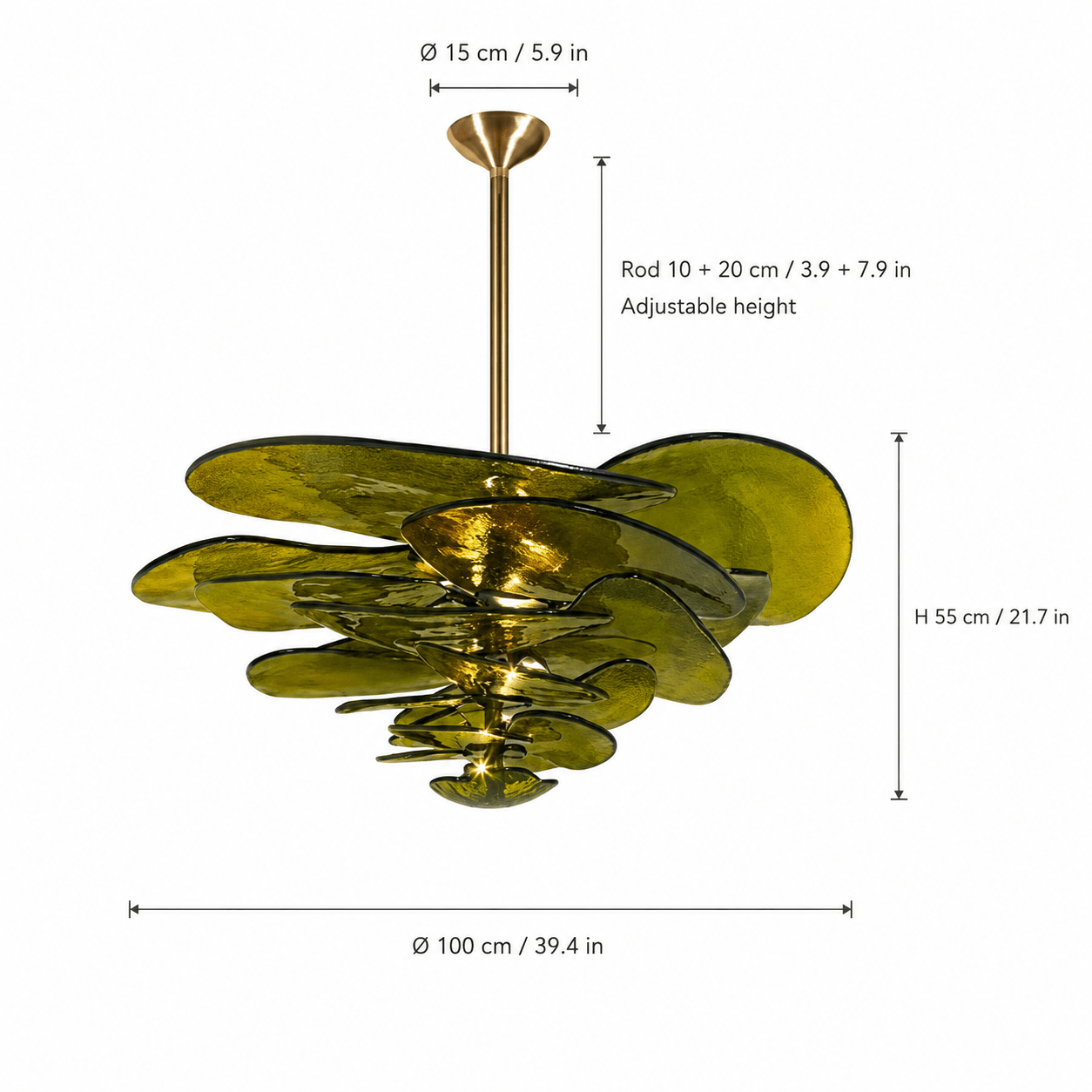 Living Room/Dining Room Chandelier – Artisan Murano Style Petal Cascade - Dark GreenØ100 cm / 20 LightsBlushlighting