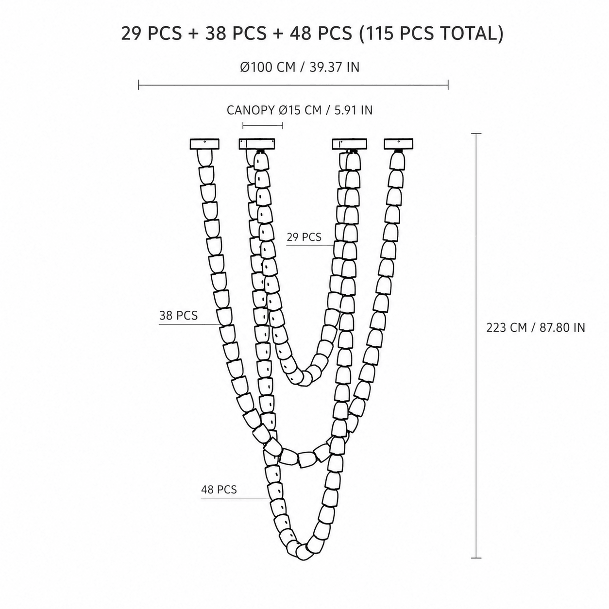Living Room/Stairwell Chandelier – Modern Crystal Versailles Veil - 39.4 × 87.8 in / 115-Light / 3-Tier TallBlushlighting