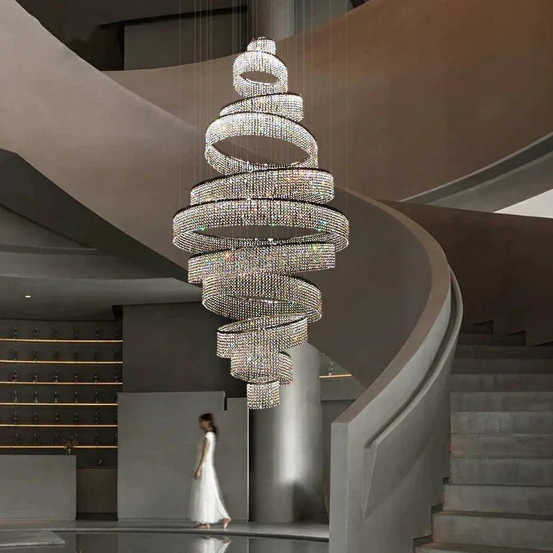 Long Crystal Tassel Rings Chandelier Extra Large Living Room Staircase High Ceiling Lighting Fixture - Blushlighting