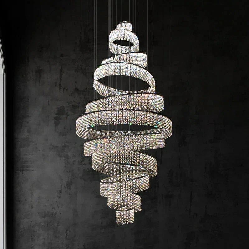 Long Crystal Tassel Rings Chandelier Extra Large Living Room Staircase High Ceiling Lighting Fixture - Blushlighting