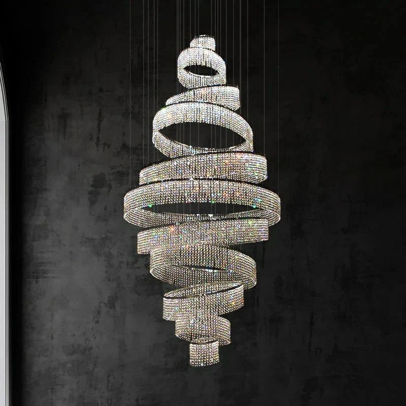 Long Crystal Tassel Rings Chandelier Extra Large Living Room Staircase High Ceiling Lighting Fixture - Blushlighting