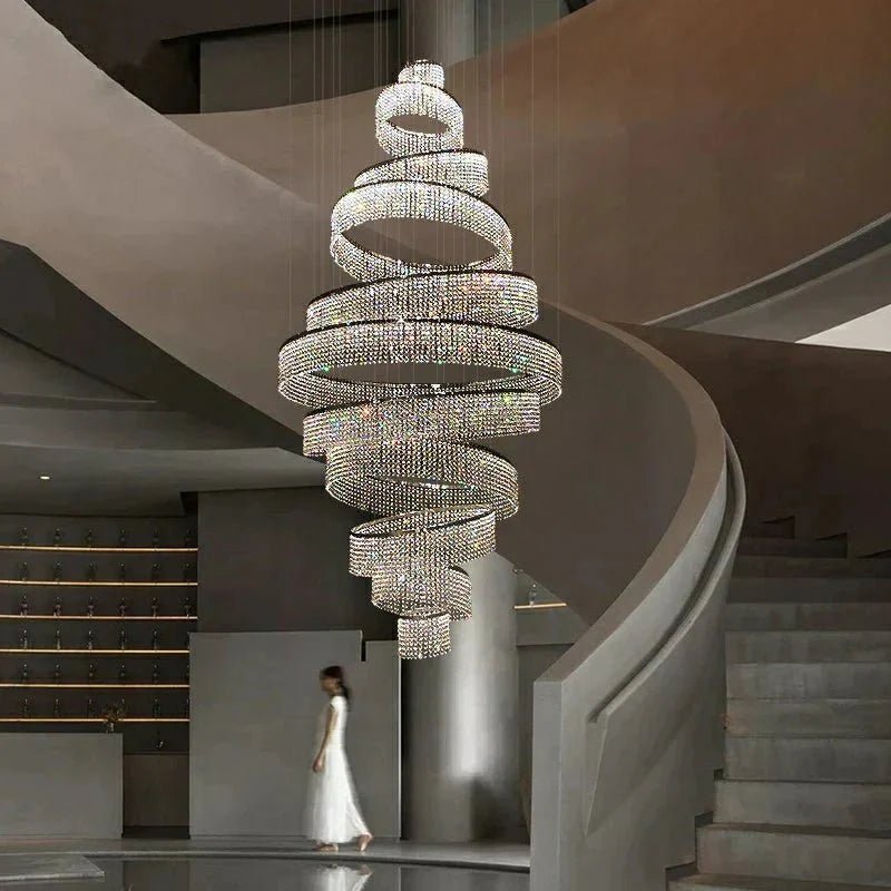 Long Crystal Tassel Rings Chandelier Extra Large Living Room Staircase High Ceiling Lighting Fixture - 11 Rings/ D47.2"*H118.1"Warm LightBlushlighting