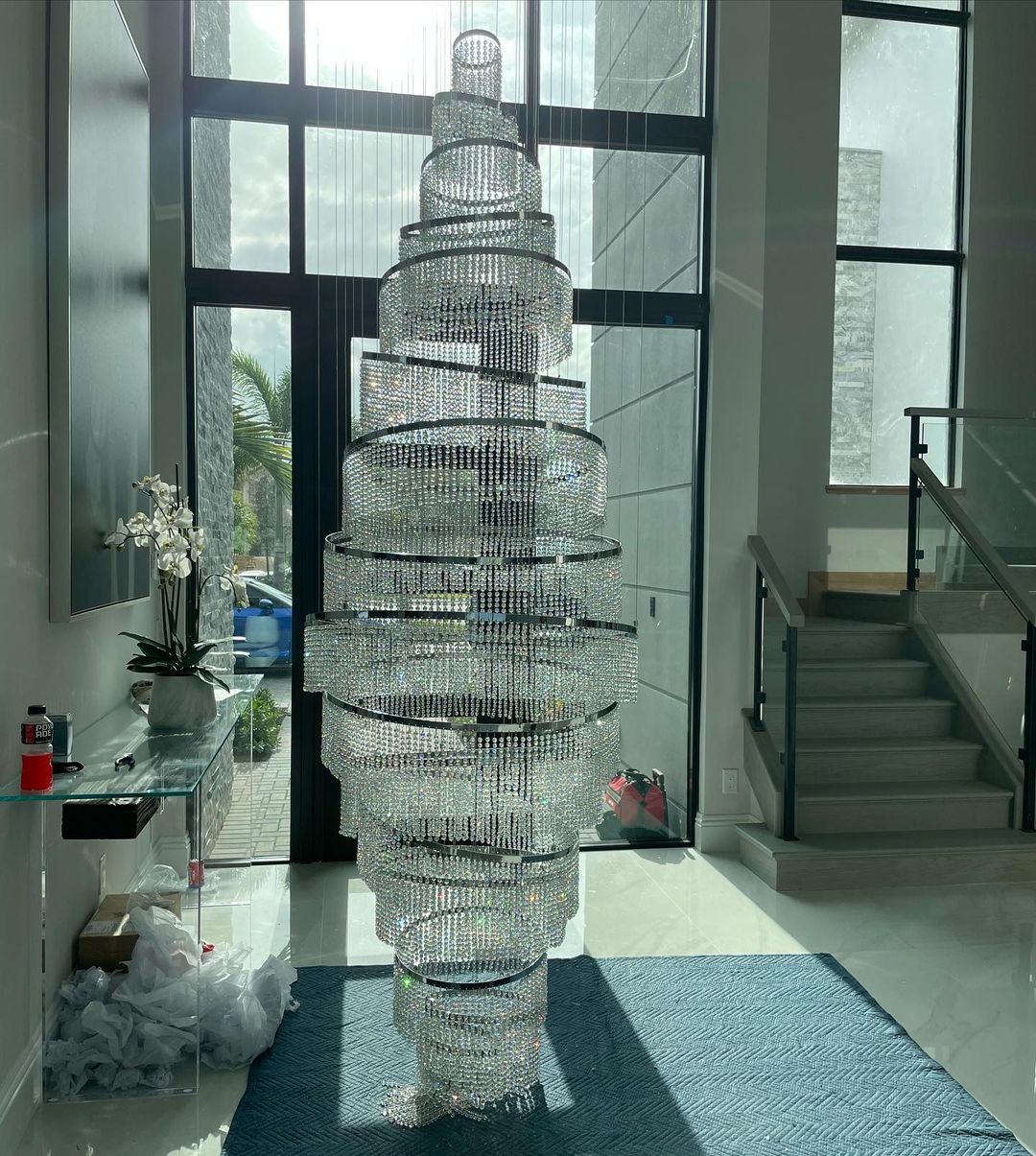 Long Crystal Tassel Rings Chandelier Extra Large Living Room Staircase High Ceiling Lighting Fixture - 11 Rings/ D47.2"*H118.1"Warm LightBlushlighting