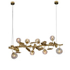 Long Organic Glass Bubble Brass Leaves Branch Chandelier 59" L - Blushlighting