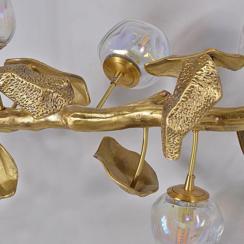 Long Organic Glass Bubble Brass Leaves Branch Chandelier 59" L - Blushlighting