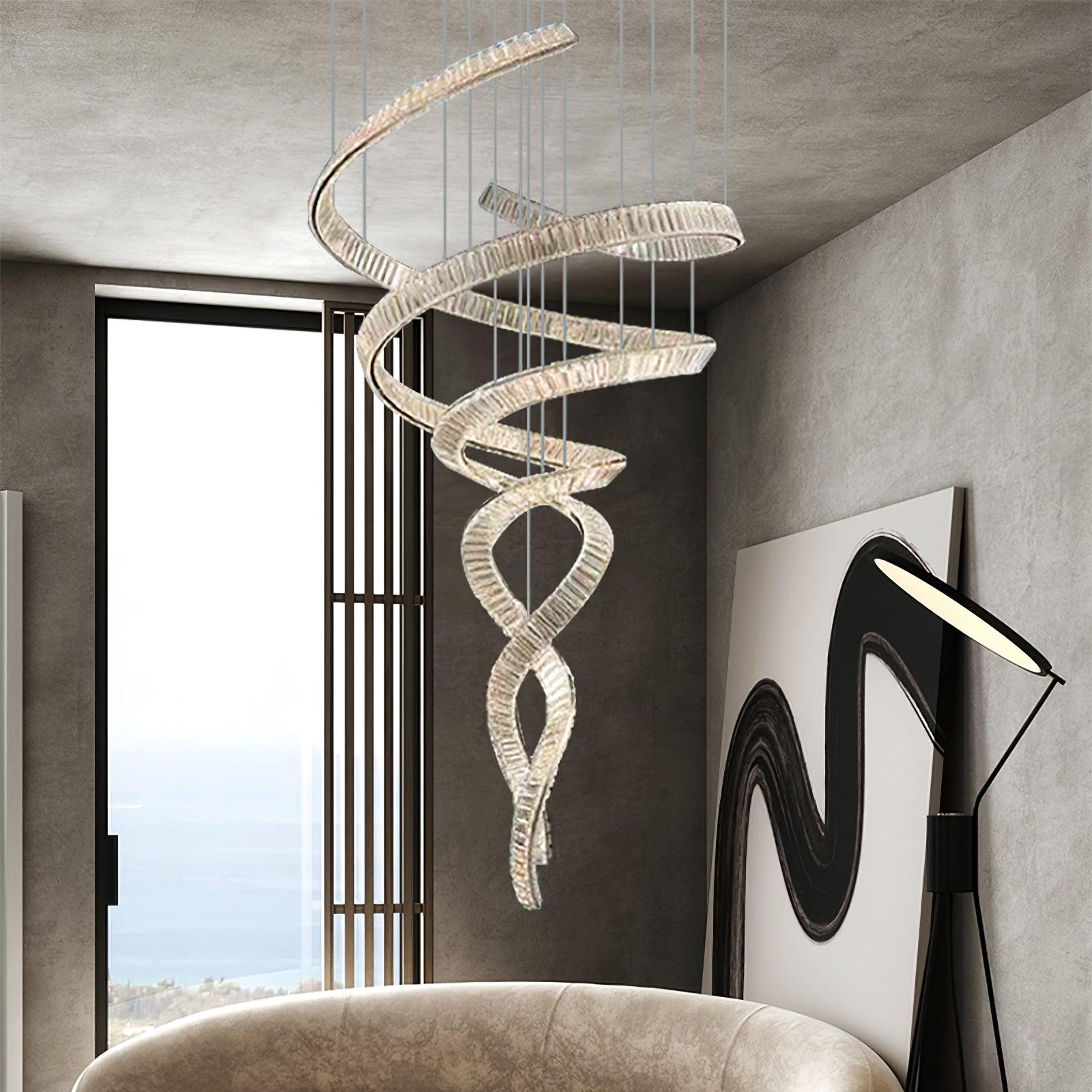 Long Spiral Crystal Chandelier - ∅ 31.5″ x H 90.1″ / Dia 80cm x H 230cmStainless steel & Clear crystalWarm LightBlushlighting