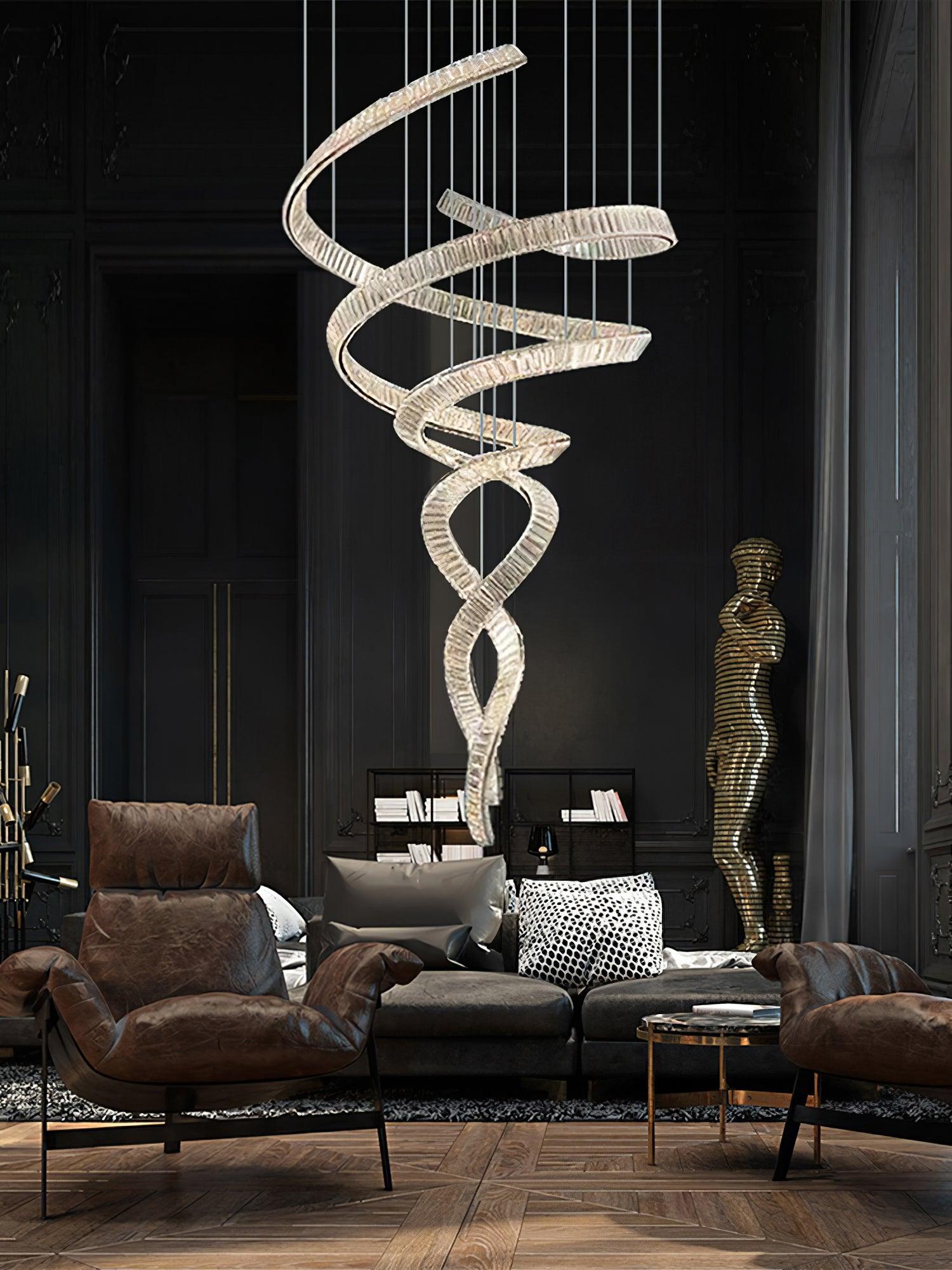 Long Spiral Crystal Chandelier - ∅ 31.5″ x H 90.1″ / Dia 80cm x H 230cmStainless steel & Clear crystalWarm LightBlushlighting