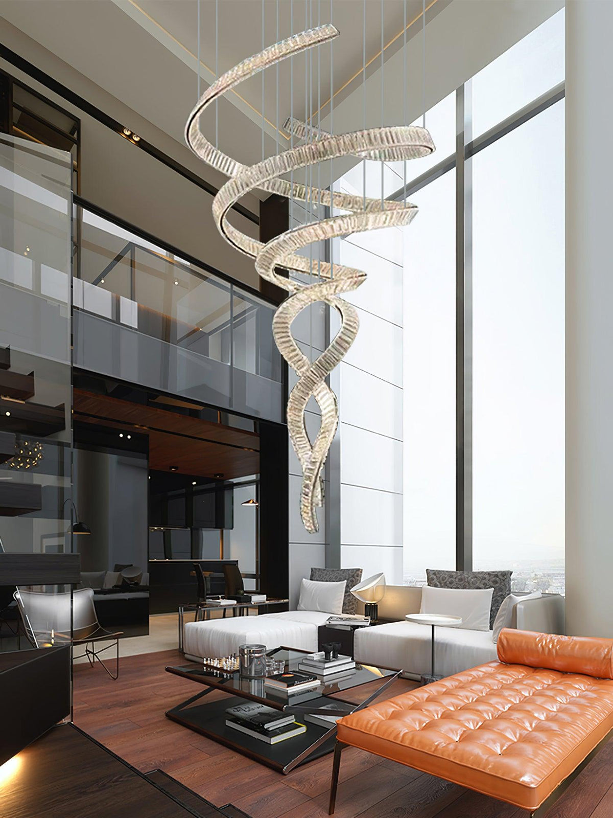 Long Spiral Crystal Chandelier - ∅ 31.5″ x H 90.1″ / Dia 80cm x H 230cmStainless steel & Clear crystalWarm LightBlushlighting