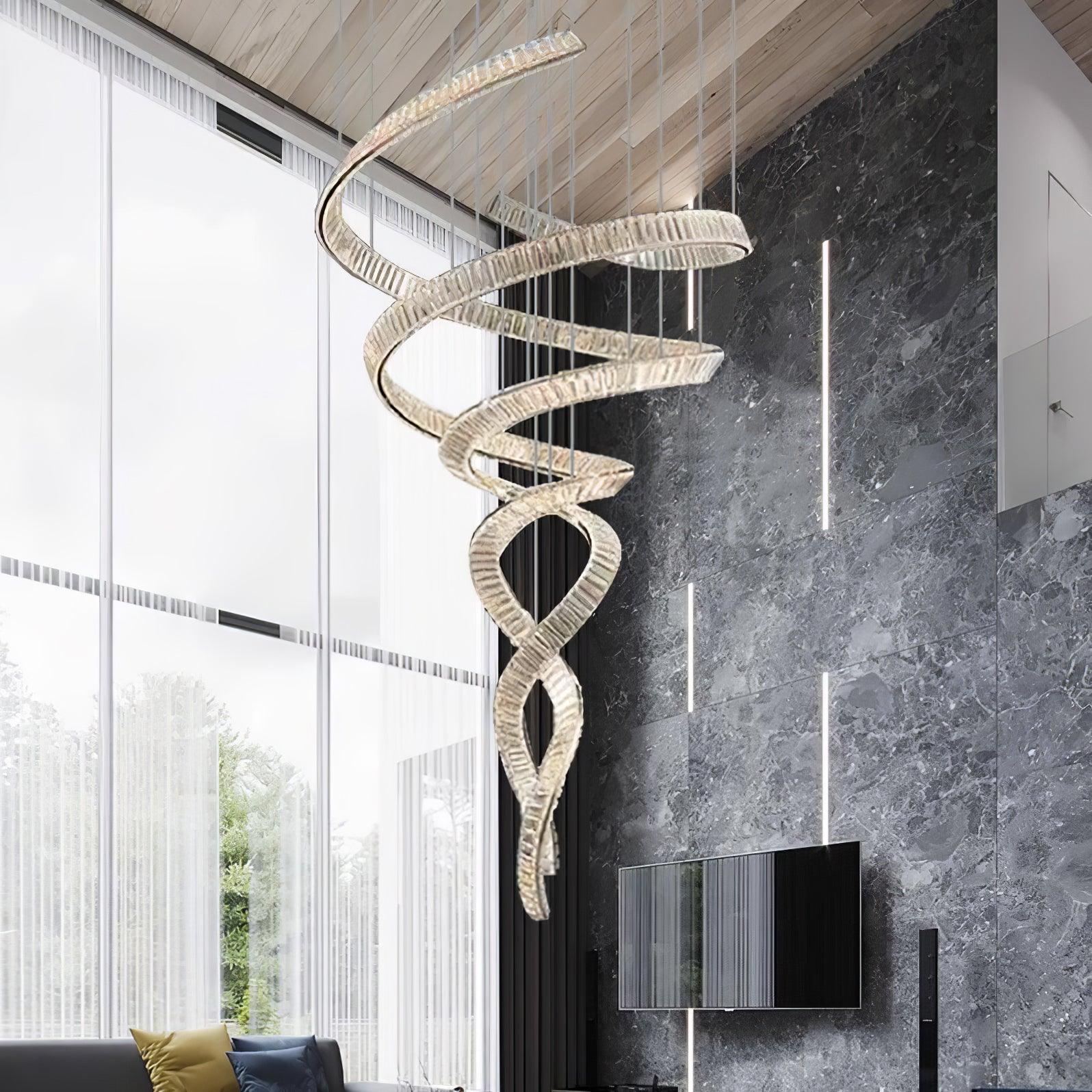 Long Spiral Crystal Chandelier - ∅ 31.5″ x H 90.1″ / Dia 80cm x H 230cmStainless steel & Clear crystalWarm LightBlushlighting