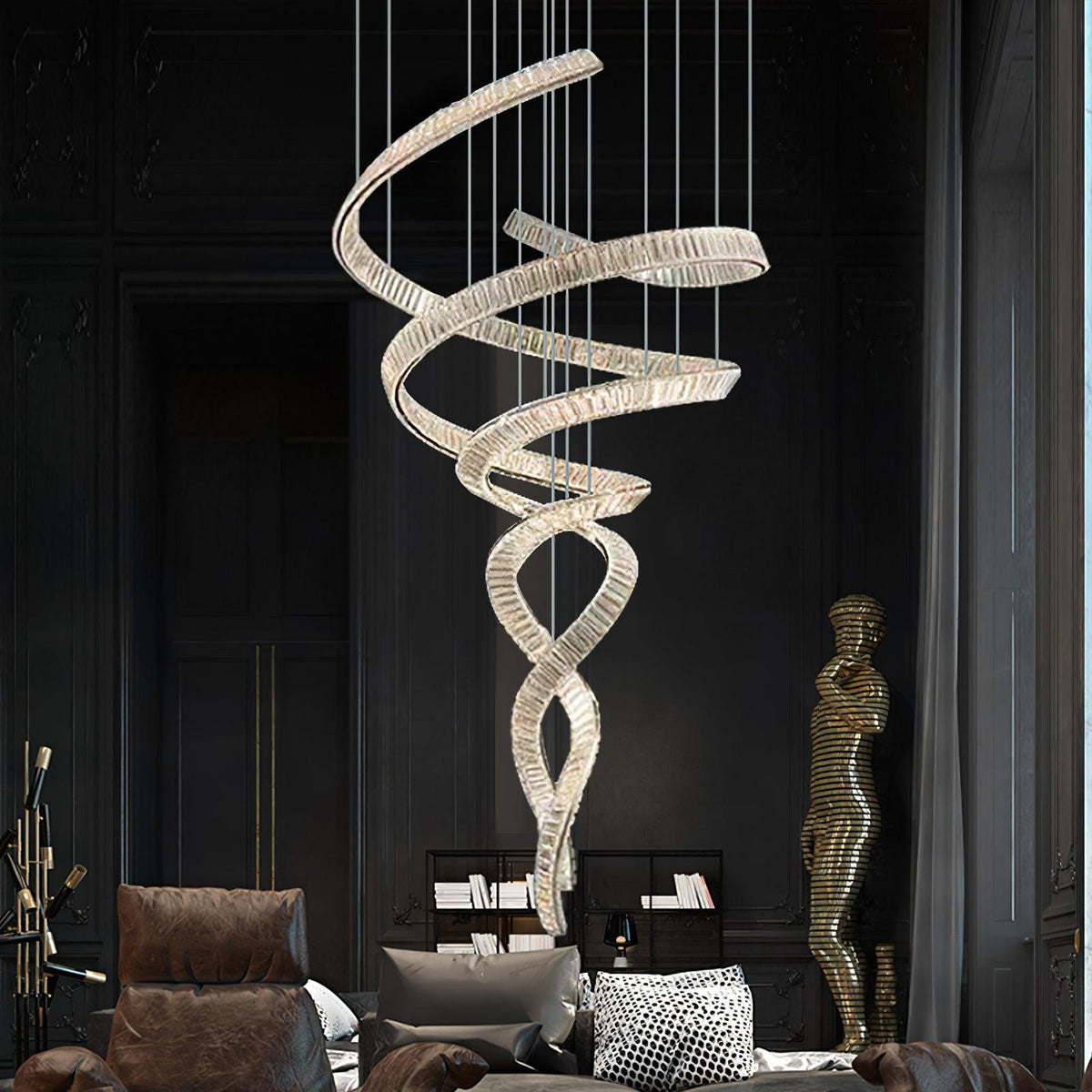 Long Spiral Crystal Chandelier - ∅ 31.5″ x H 90.1″ / Dia 80cm x H 230cmStainless steel & Clear crystalWarm LightBlushlighting