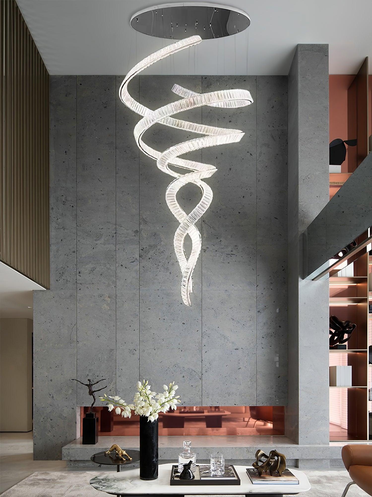 Long Spiral Crystal Chandelier - ∅ 31.5″ x H 90.1″ / Dia 80cm x H 230cmStainless steel & Clear crystalWarm LightBlushlighting