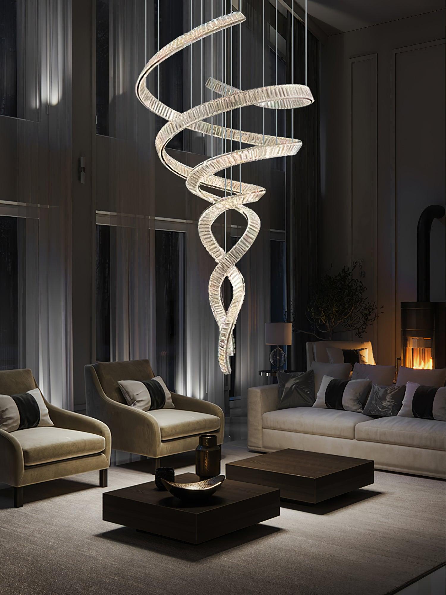 Long Spiral Crystal Chandelier - ∅ 31.5″ x H 90.1″ / Dia 80cm x H 230cmStainless steel & Clear crystalWarm LightBlushlighting