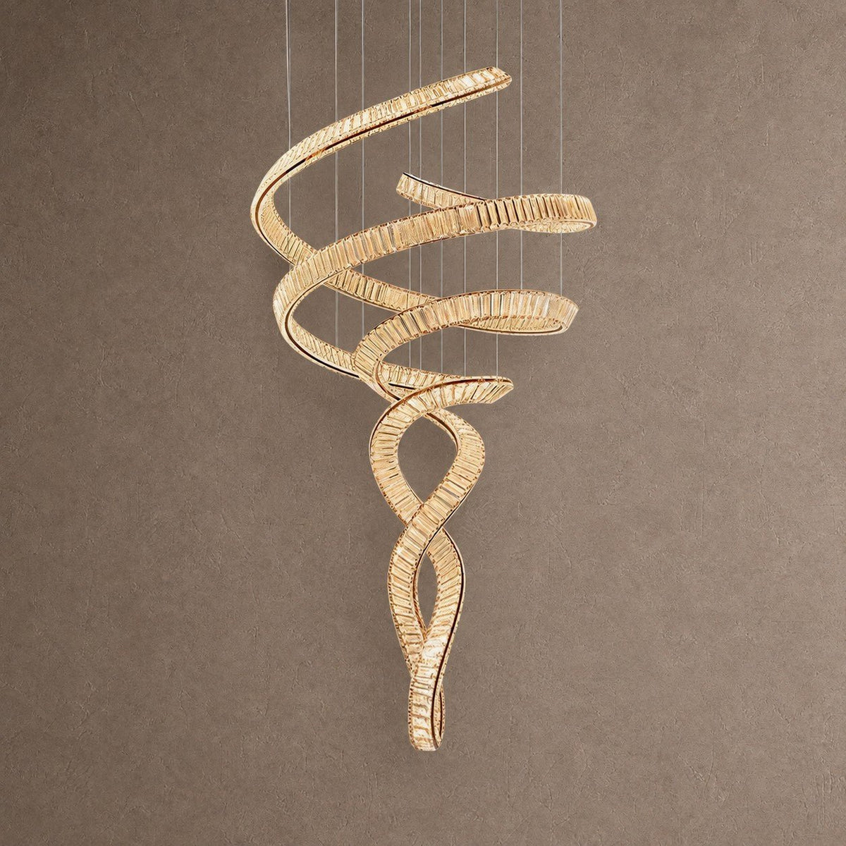 Long Spiral Crystal Chandelier with Stainless Steel Frame - ∅ 31.5″ x H 90.1″Stainless steel & Clear crystalWarm LightBlushlighting