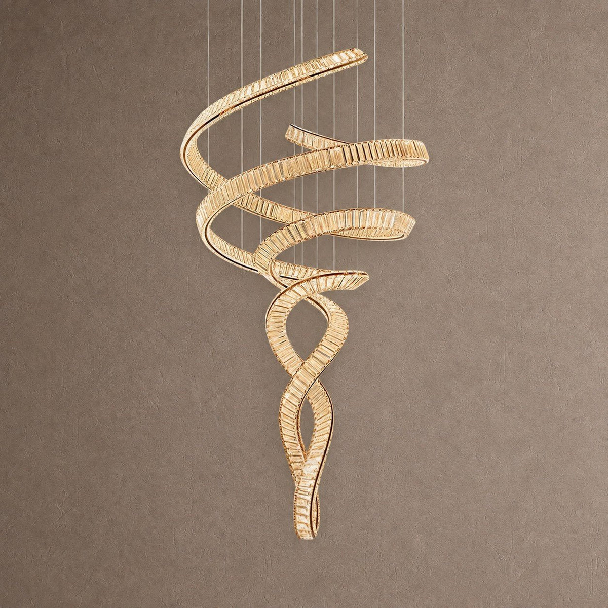 Long Spiral Crystal Chandelier with Stainless Steel Frame - ∅ 31.5″ x H 90.1″Stainless steel & Clear crystalWarm LightBlushlighting