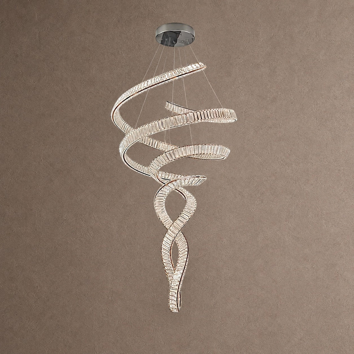 Long Spiral Crystal Chandelier with Stainless Steel Frame - ∅ 31.5″ x H 90.1″Stainless steel & Clear crystalCool LightBlushlighting