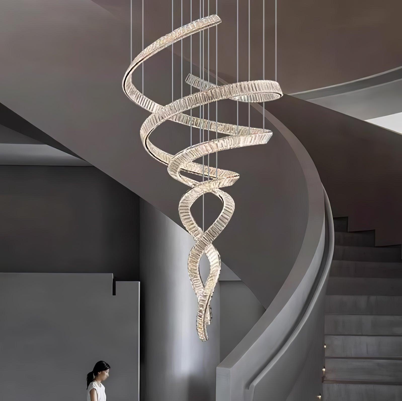 Long Spiral Crystal Chandelier with Stainless Steel Frame - ∅ 31.5″ x H 90.1″Stainless steel & Clear crystalWarm LightBlushlighting