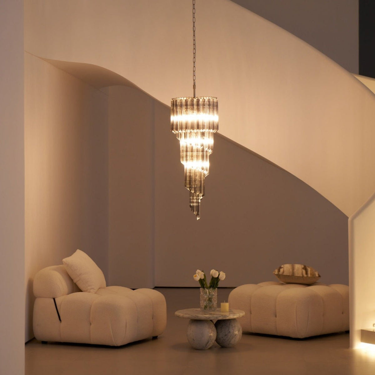Lucente Noir Spiral Chandelier - ∅ 15.7″ x H 39.4″Grey+Clear Glass & NickelBlushlighting