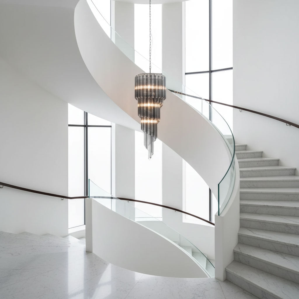 Lucente Noir Spiral Chandelier - ∅ 15.7″ x H 39.4″Grey+Clear Glass & NickelBlushlighting