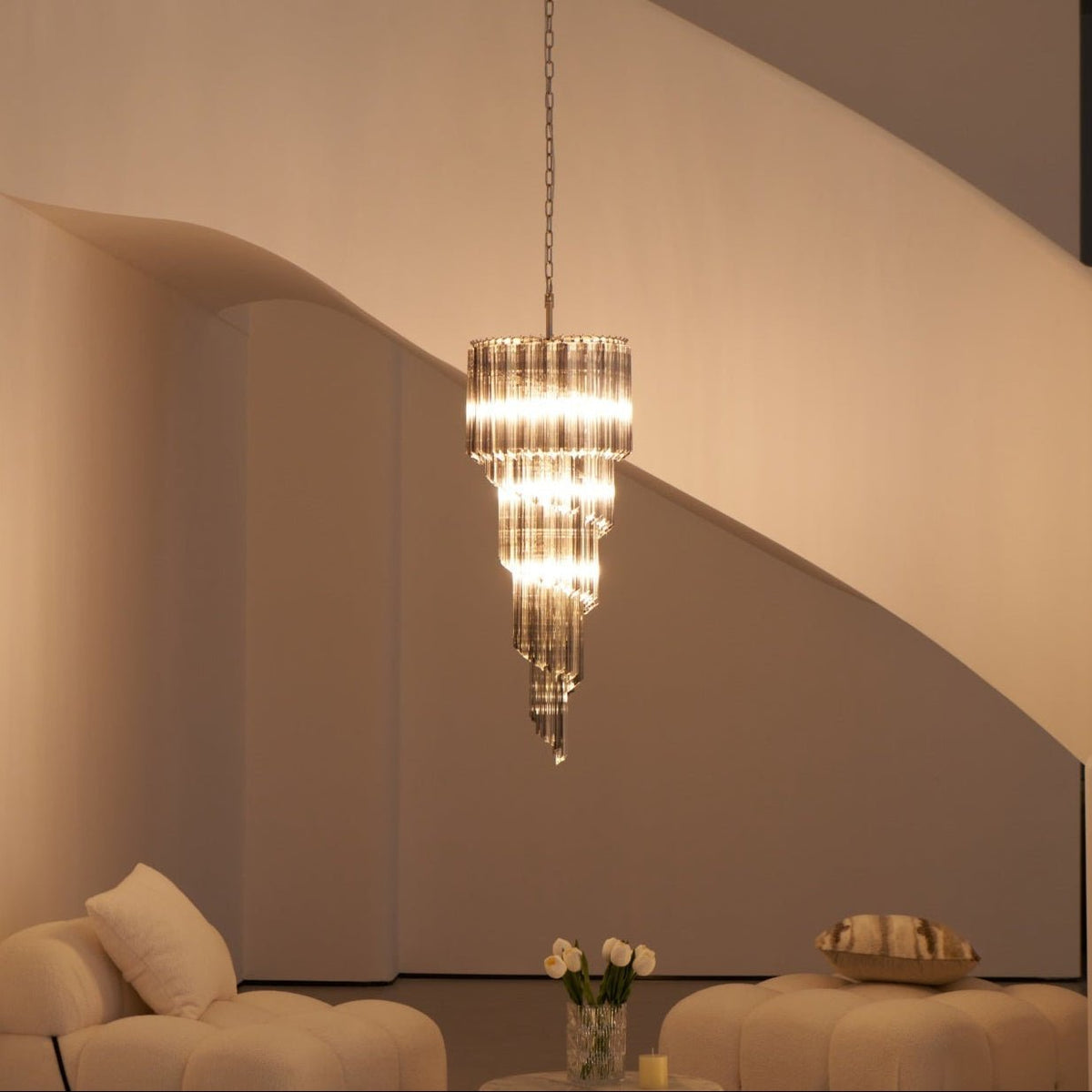 Lucente Noir Spiral Chandelier - ∅ 15.7″ x H 39.4″Grey+Clear Glass & NickelBlushlighting