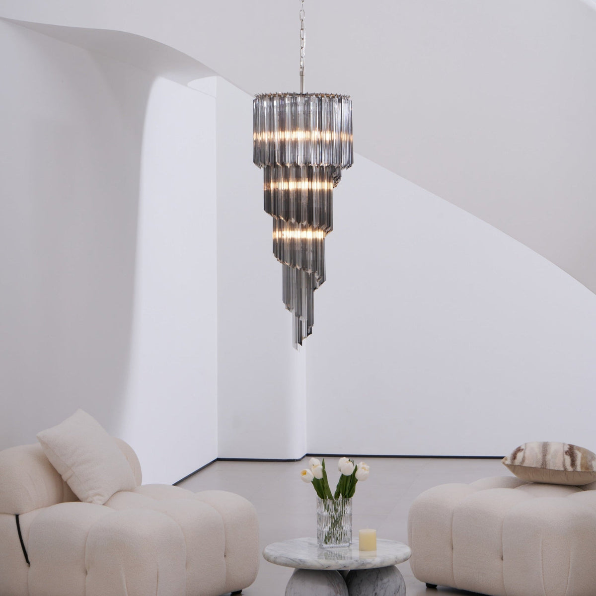 Lucente Noir Spiral Chandelier - ∅ 15.7″ x H 39.4″Grey+Clear Glass & NickelBlushlighting