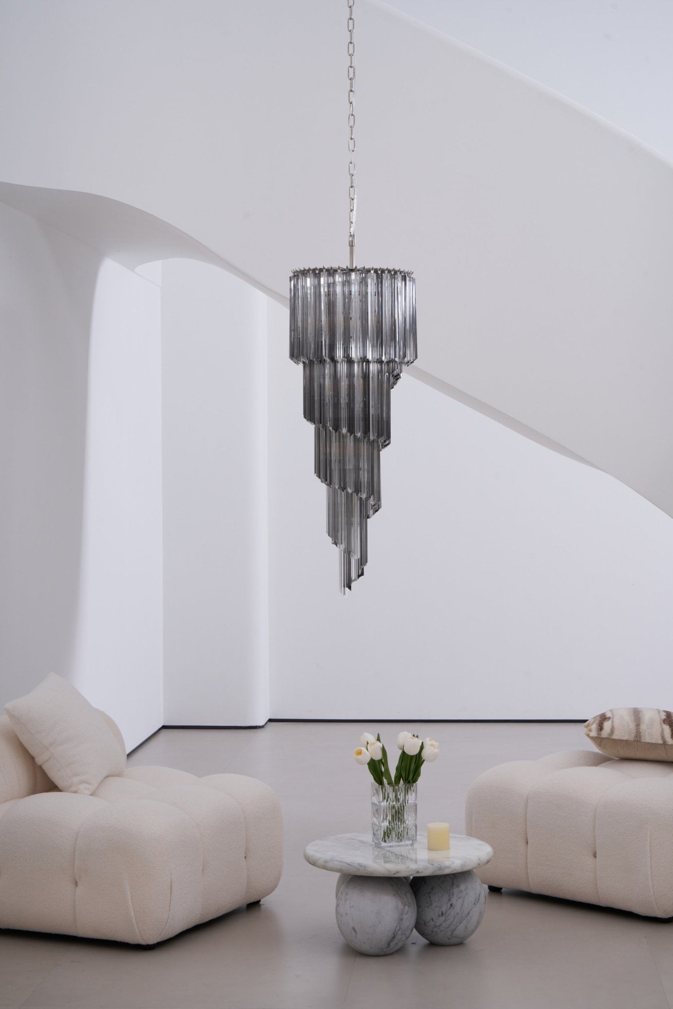 Lucente Noir Spiral Chandelier - ∅ 15.7″ x H 39.4″Grey+Clear Glass & NickelBlushlighting