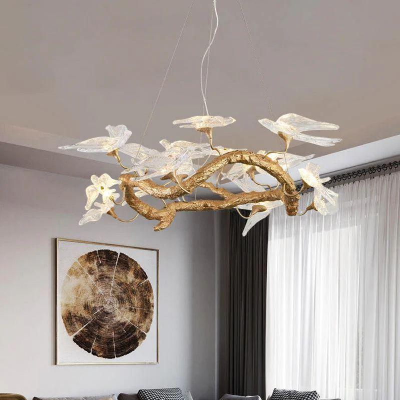 Lucky Bird Glass Branch Round Chandelier For Dining Room - 31.5" D X 16.5" HBlushlighting