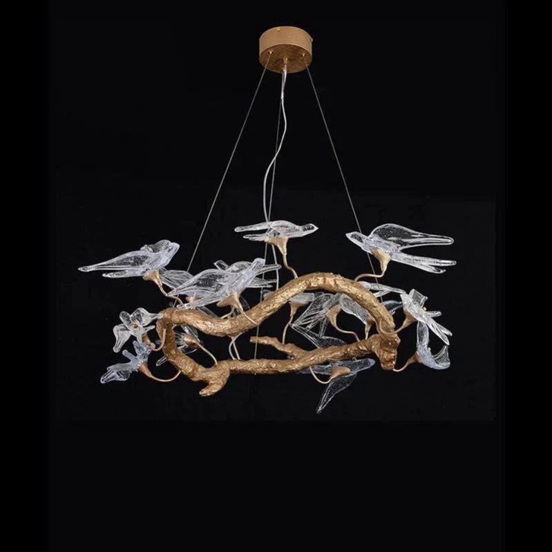 Lucky Bird Glass Branch Round Chandelier For Dining Room - 23.6" D X 16.5" HBlushlighting