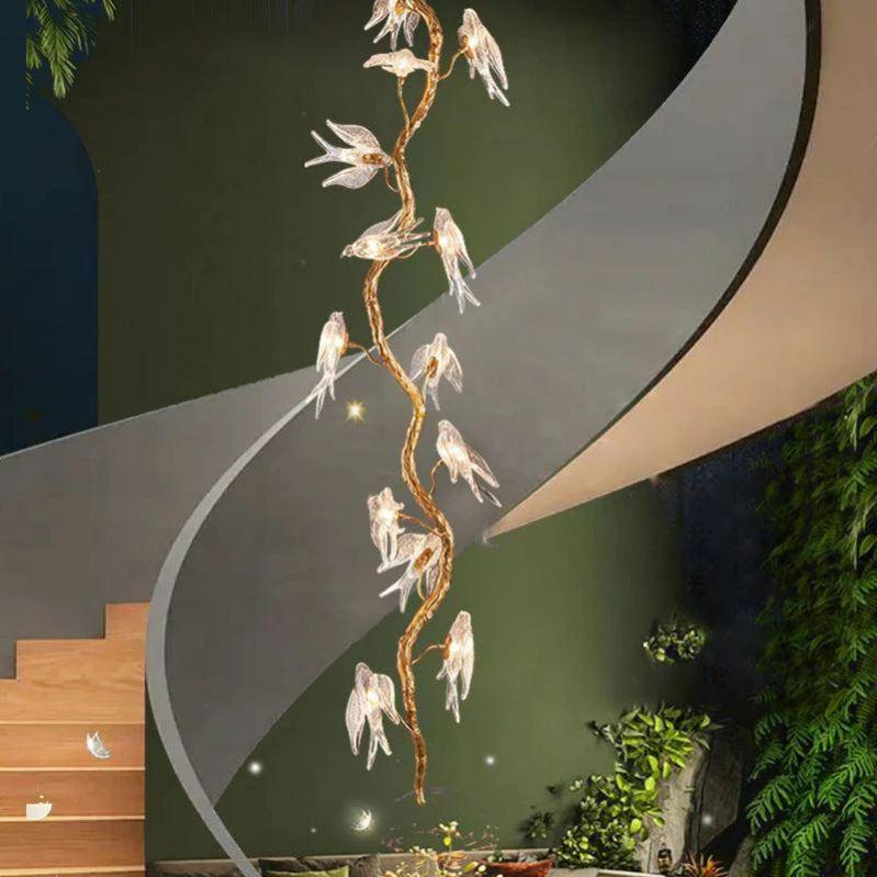 Lucky Bird Glass Tree Branch Chandelier For Staircase - 17.7" D x 51.2" HBlushlighting
