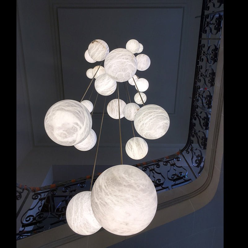 Luna Alabaster Sphere Staircase Chandelier, Multi Pendant Light - 18 Balls ABlushlighting
