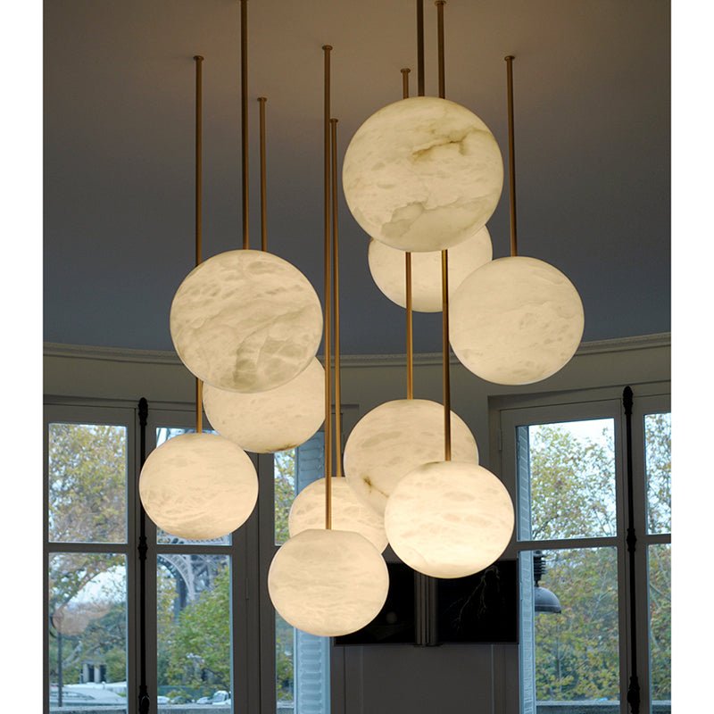Luna Alabaster Sphere Staircase Chandelier, Multi Pendant Light - 10 BallsBlushlighting