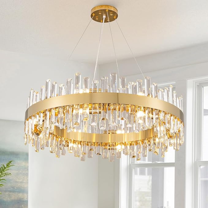 Luxurious 16 - Light Brass Gold Crystal Chandelier – Modern Round 2‑Tier Design - GoldRound D31.5''Blushlighting