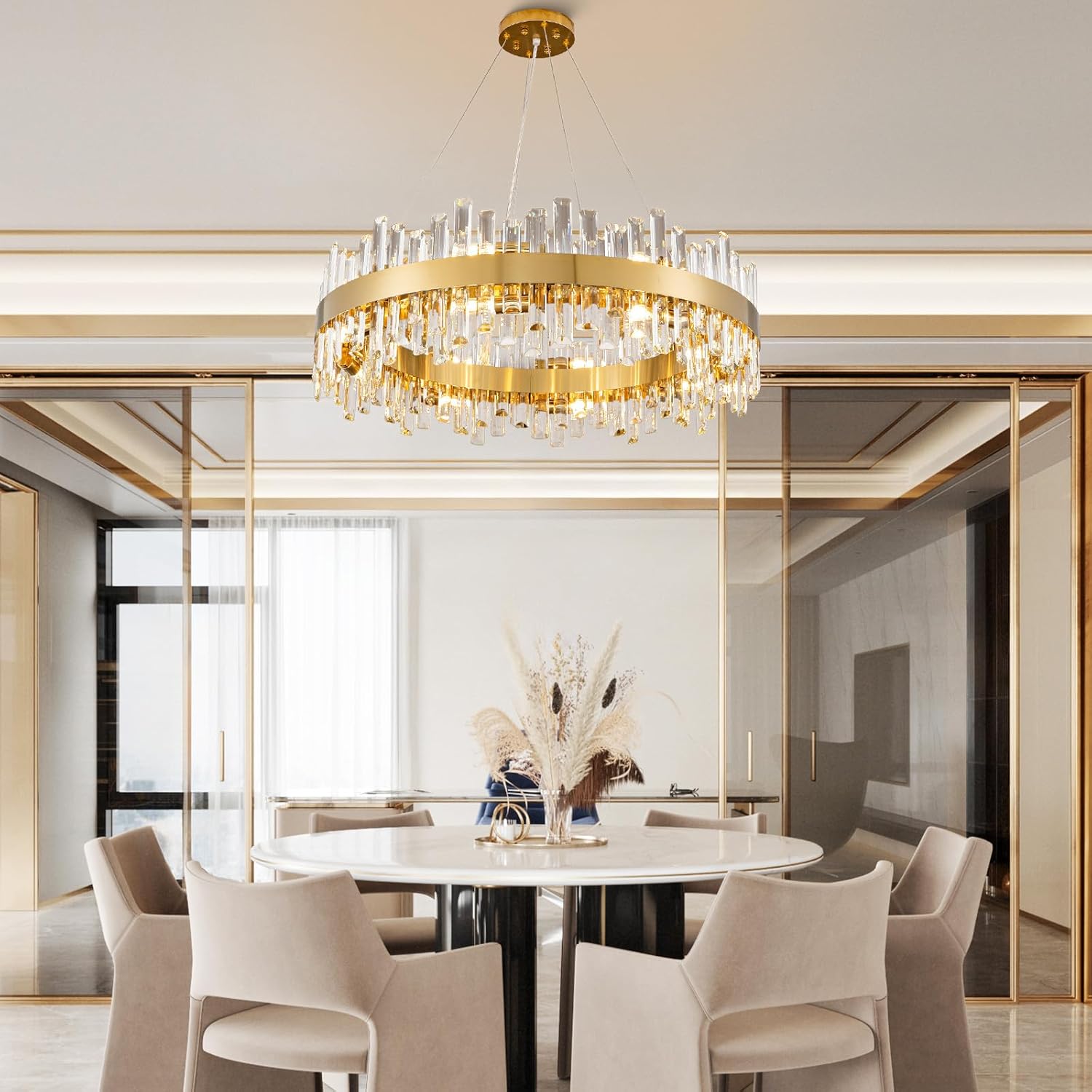 Luxurious 16 - Light Brass Gold Crystal Chandelier – Modern Round 2‑Tier Design - GoldRound D31.5''Blushlighting