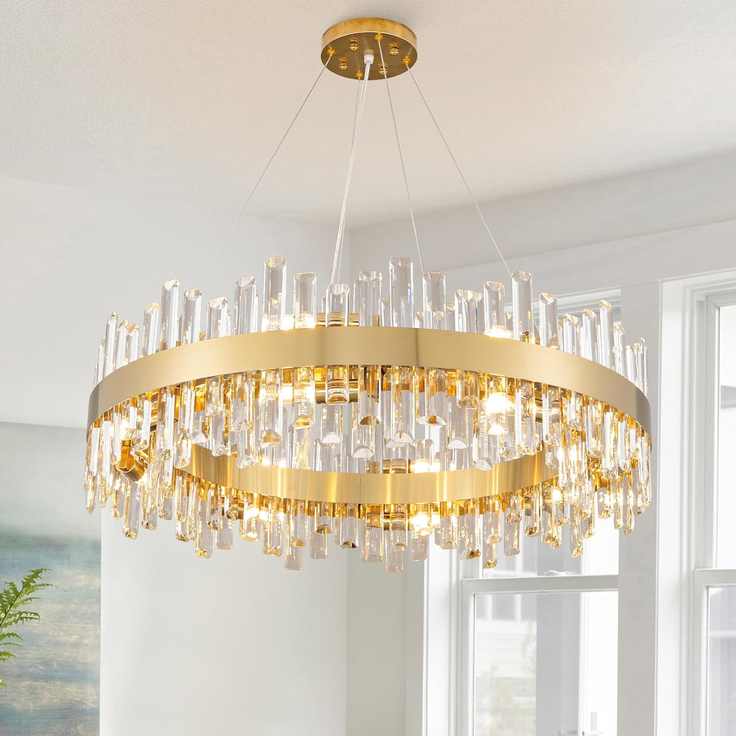 Luxurious 16 - Light Brass Gold Crystal Chandelier – Modern Round 2‑Tier Design - GoldRound D31.5''Blushlighting