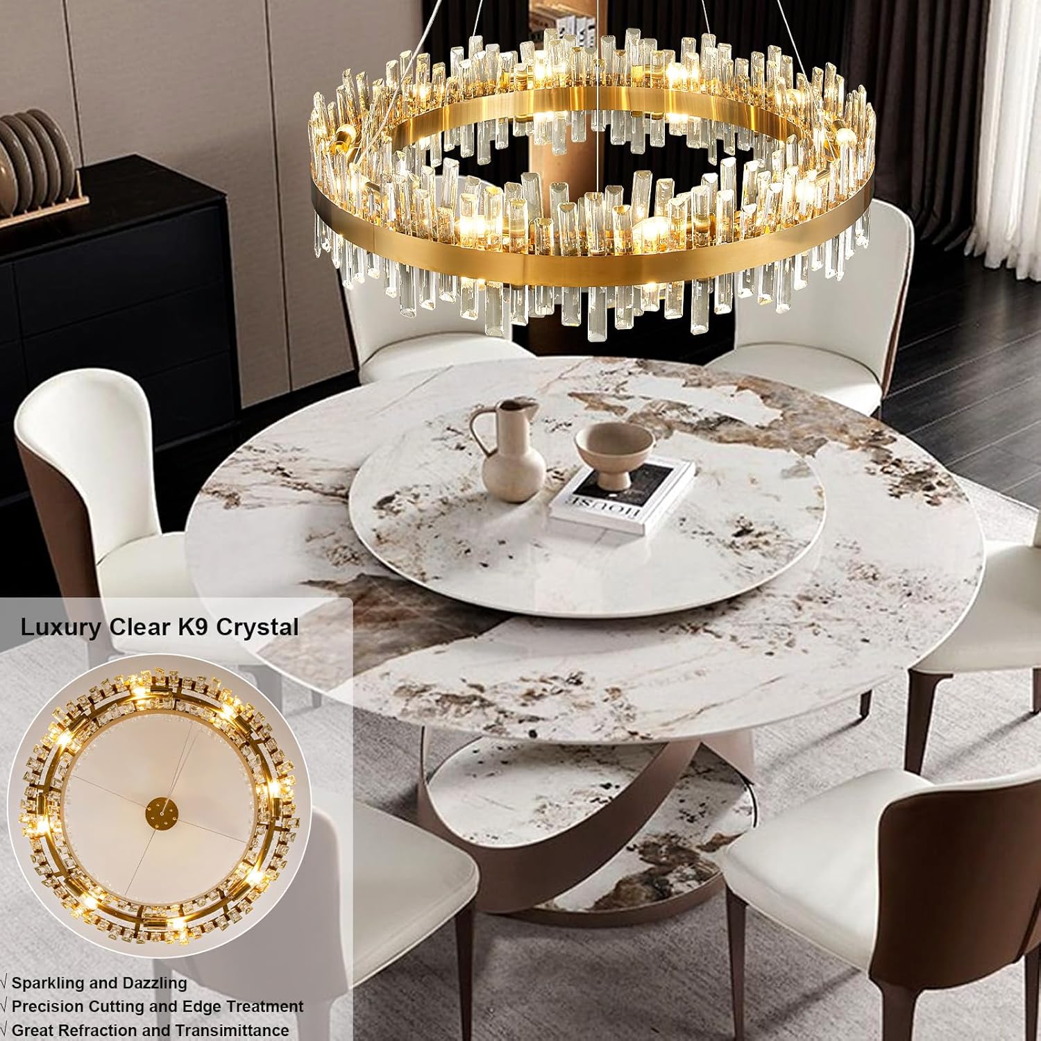 Luxurious 16-Light Brass Gold Crystal Chandelier – Modern Round 2‑Tier Design