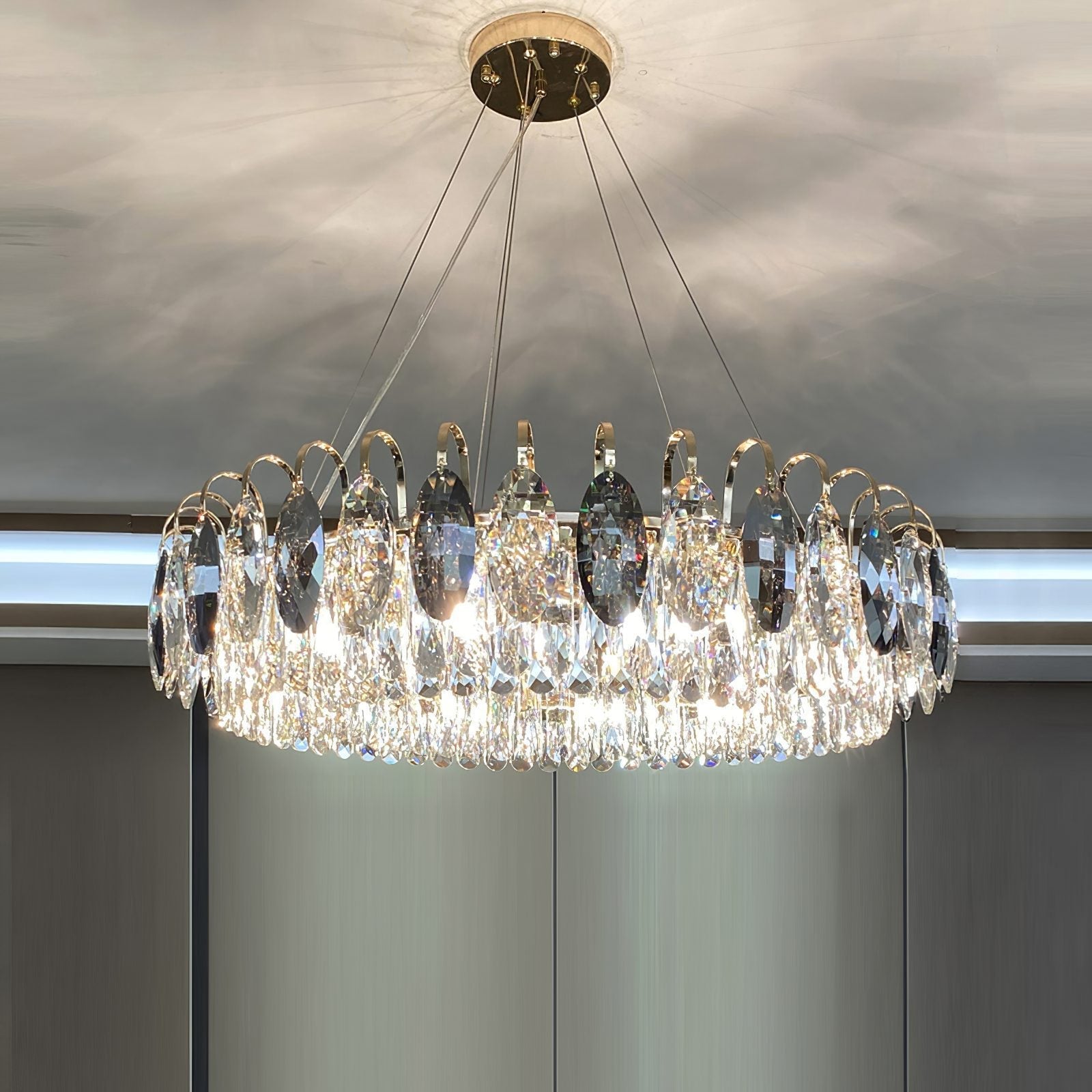 Luxurious K9 Crystal Chandelier Modern Ceiling Light Fixtures Set for Living Room/Dining Room-Chandeliers-Blushlighting-Round: D39.4"*H9"/12 Lights/26 kg-Gold-Warm Light-Blushlighting