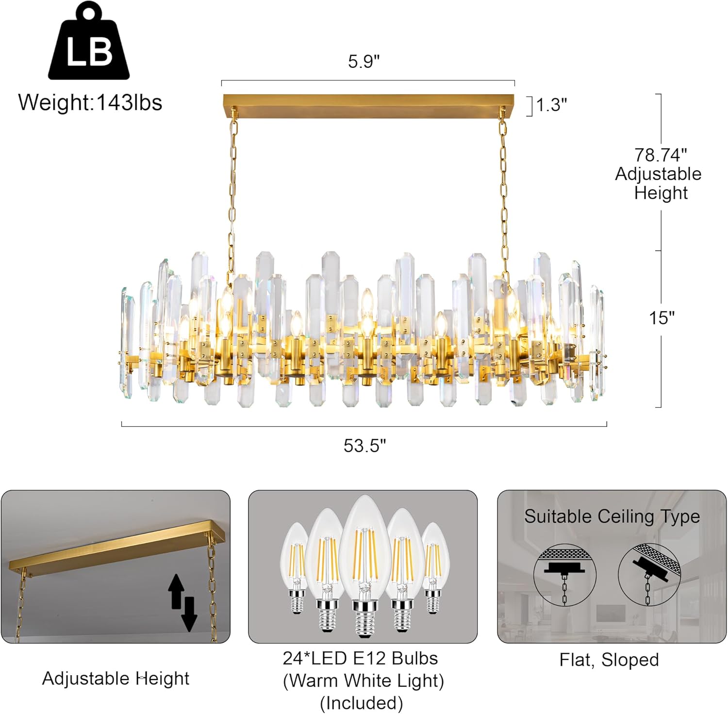 Luxury 54" Gold Crystal Chandelier – 24 Light Rectangular Fixture for Dining & Living Rooms - GoldRectangular - L54"Blushlighting