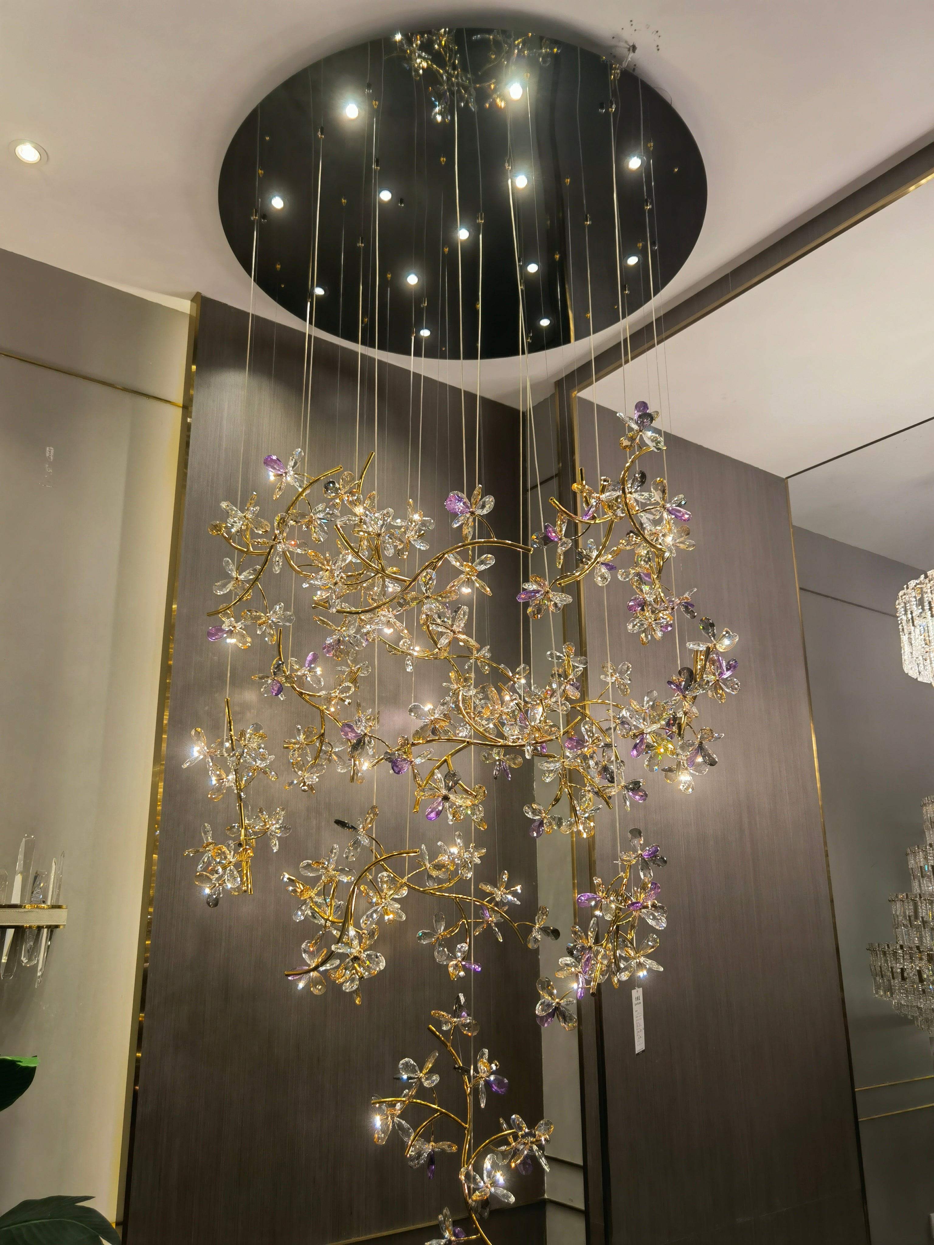 Luxury Branch Flower Crystal Chandelier for High Ceiling Staircase Foyer and Hallway Decor - D19.7"*H118"/18kgGoldWarm LightBlushlighting